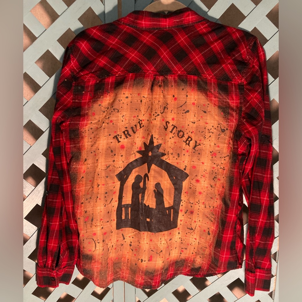 Upcycled Red and Black Plaid Shirt with Manager “True story”